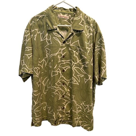 Tommy‎ Bahamas Hawaiian Shirt XL 100% Silk, Green with White Short Sleeve - Picture 1 of 4